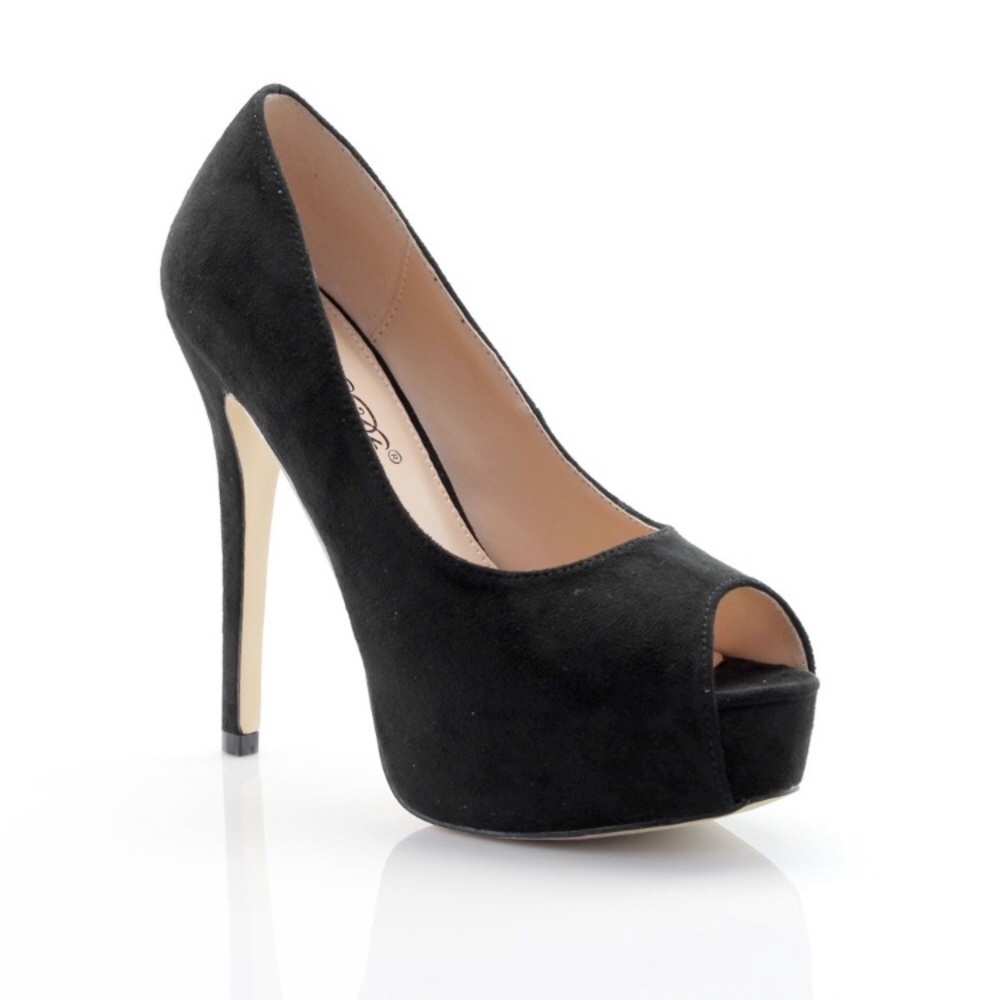 Black suede heels - peep toe pumps